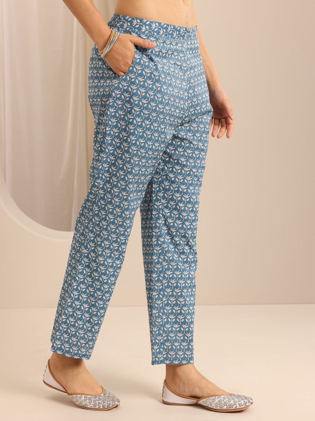 Blue Printed Cotton Blend Anarkali Suit Set With Dupatta