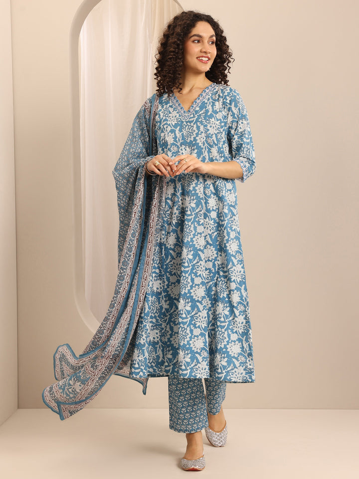 Blue Printed Cotton Blend Anarkali Suit Set With Dupatta