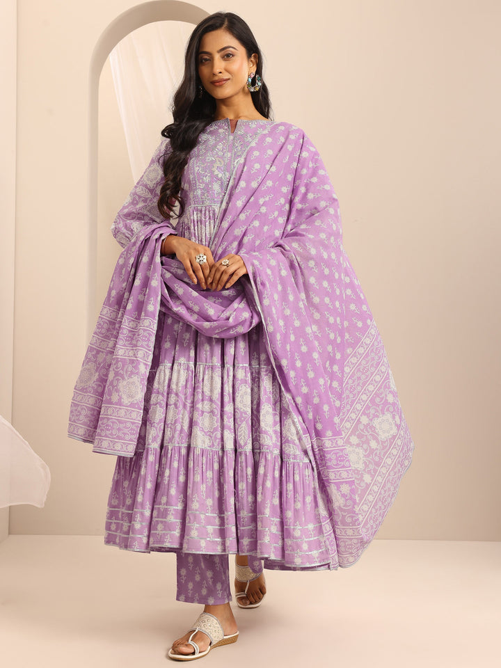 Purple Printed Cotton Blend Anarkali Suit Set With Dupatta