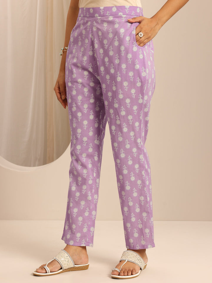 Purple Printed Cotton Blend Anarkali Suit Set With Dupatta