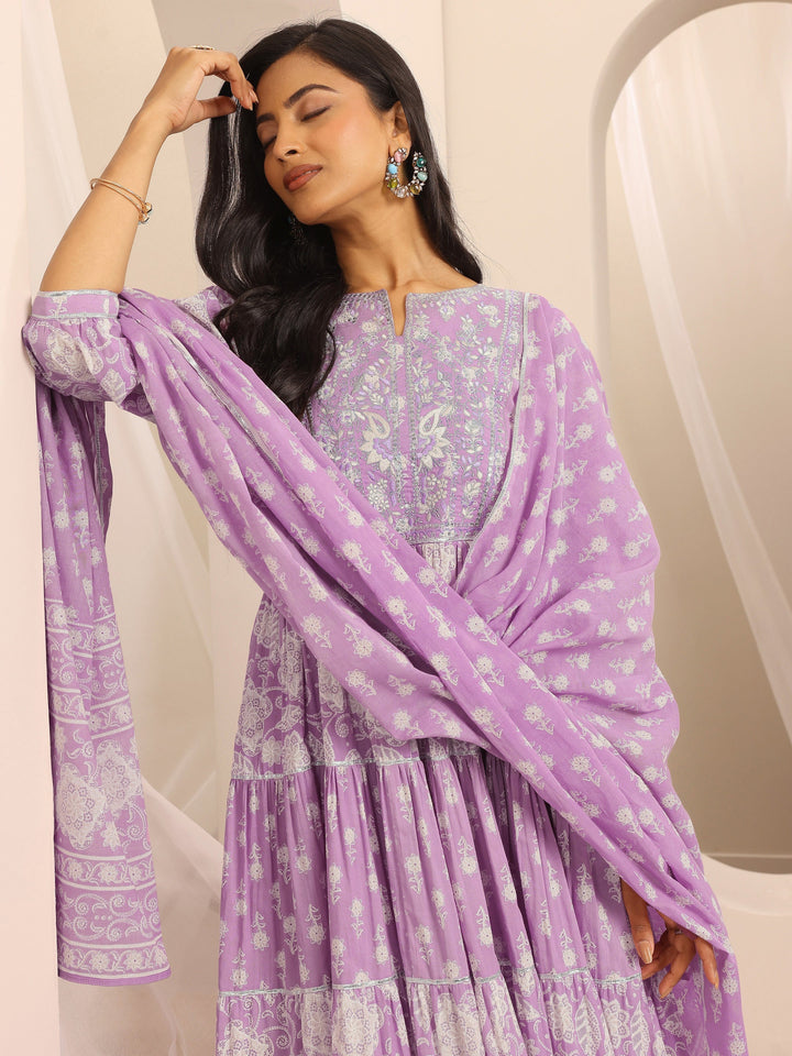 Purple Printed Cotton Blend Anarkali Suit Set With Dupatta