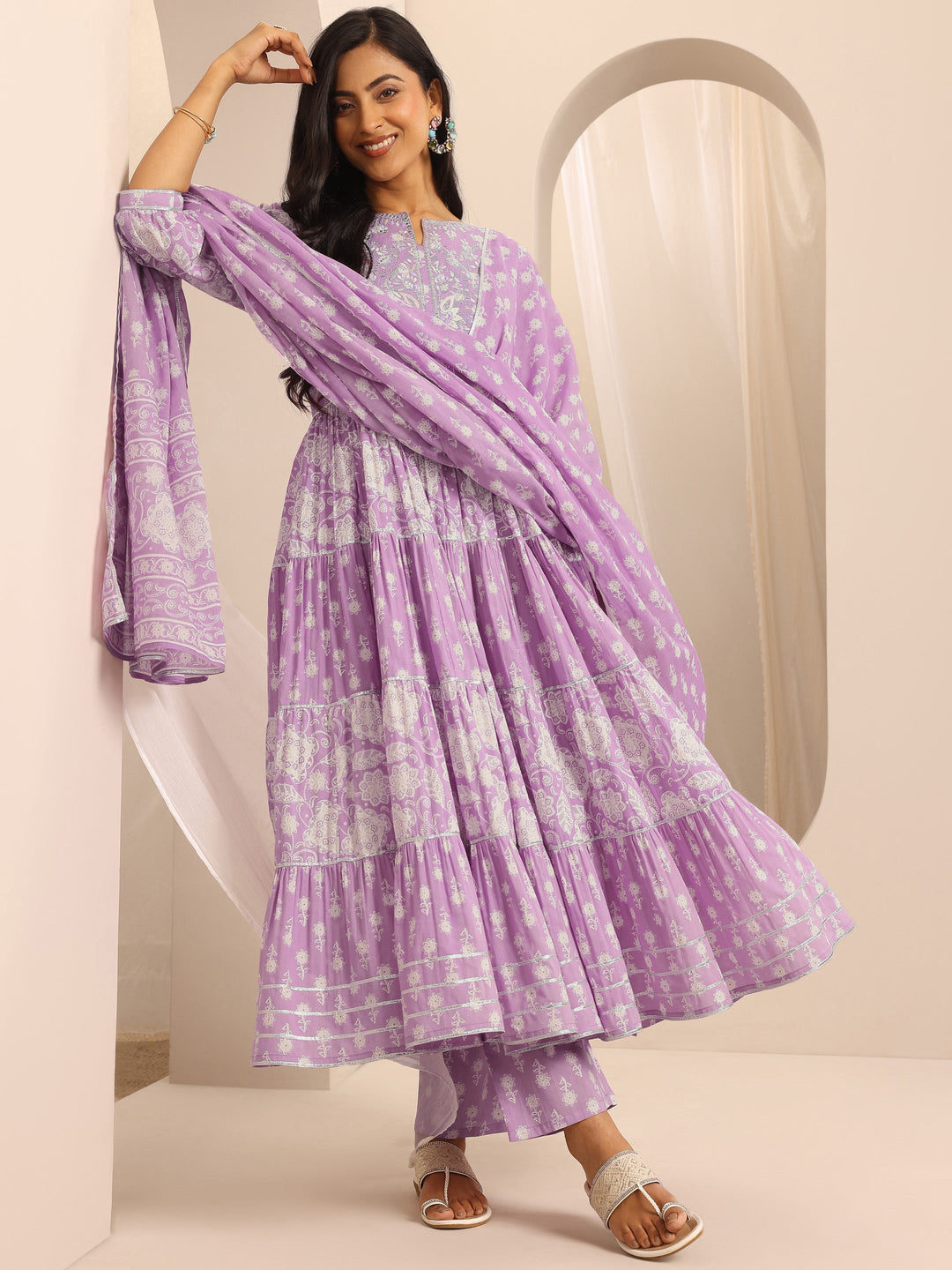 Purple Printed Cotton Blend Anarkali Suit Set With Dupatta