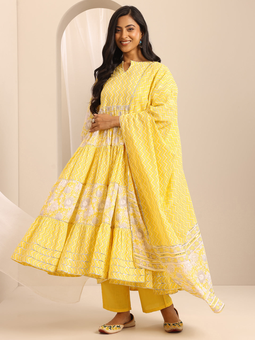 Yellow Printed Cotton Blend Anarkali Suit Set With Dupatta