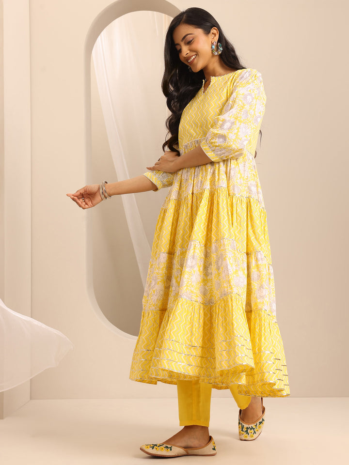Yellow Printed Cotton Blend Anarkali Suit Set With Dupatta