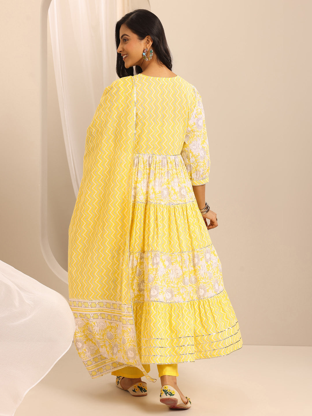 Yellow Printed Cotton Blend Anarkali Suit Set With Dupatta