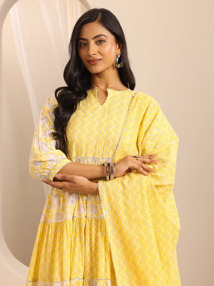 Yellow Printed Cotton Blend Anarkali Suit Set With Dupatta