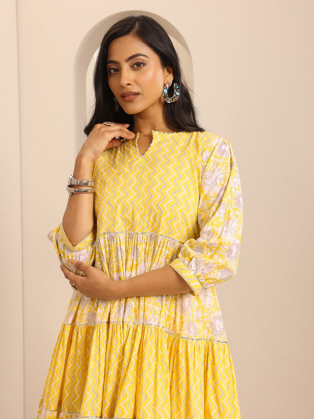 Yellow Printed Cotton Blend Anarkali Suit Set With Dupatta