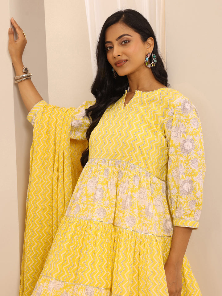 Yellow Printed Cotton Blend Anarkali Suit Set With Dupatta