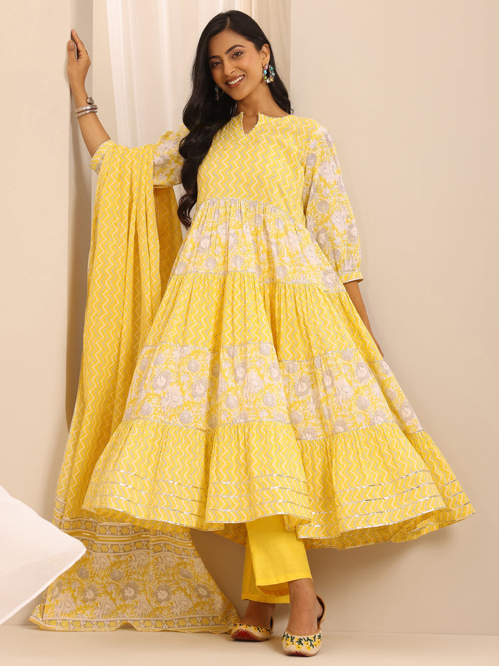 Yellow Printed Cotton Blend Anarkali Suit Set With Dupatta