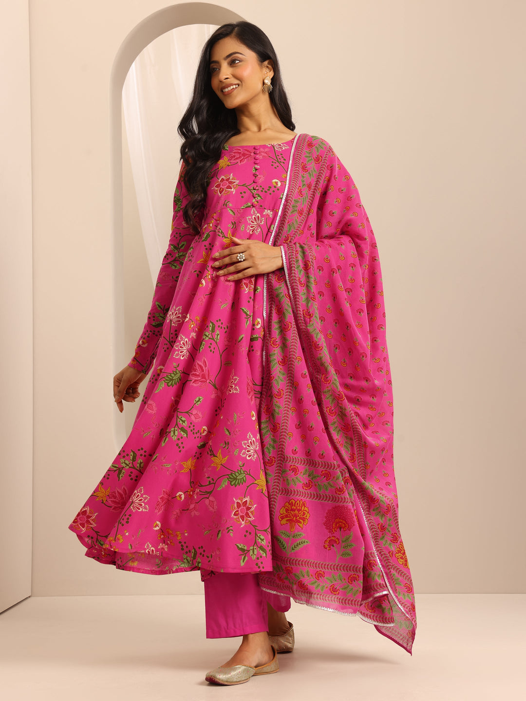 Pink Printed Cotton Blend Anarkali Suit Set With Dupatta