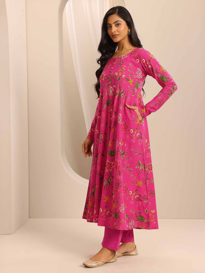 Pink Printed Cotton Blend Anarkali Suit Set With Dupatta