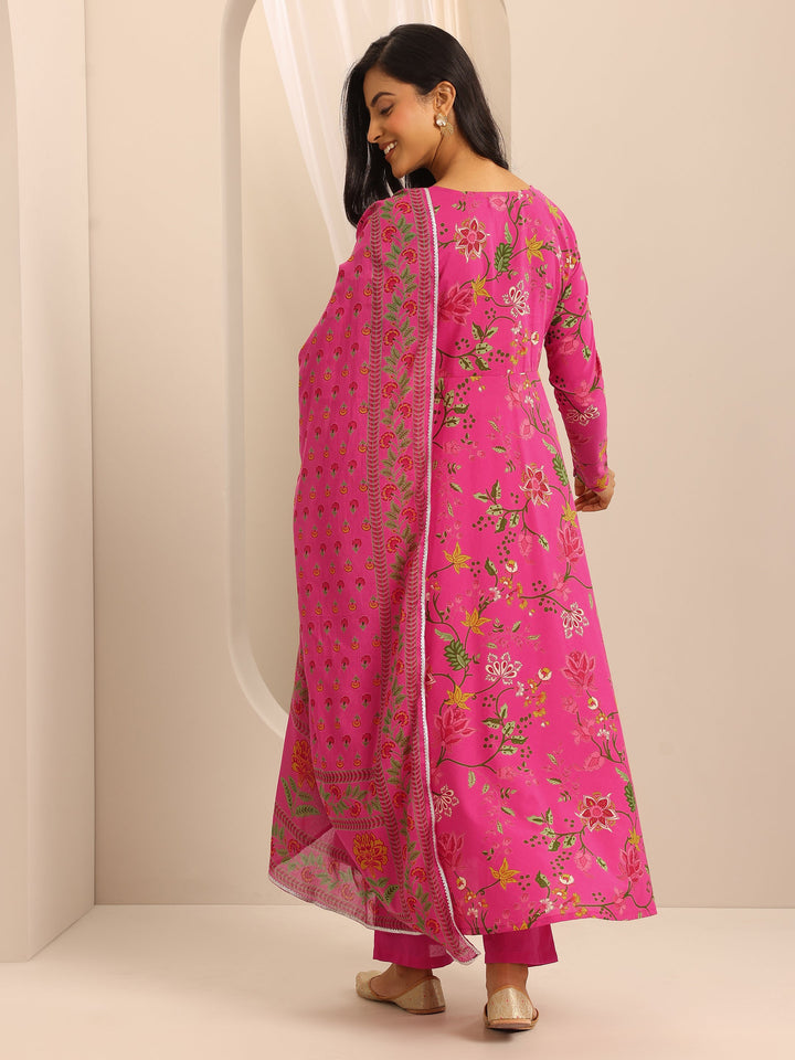Pink Printed Cotton Blend Anarkali Suit Set With Dupatta