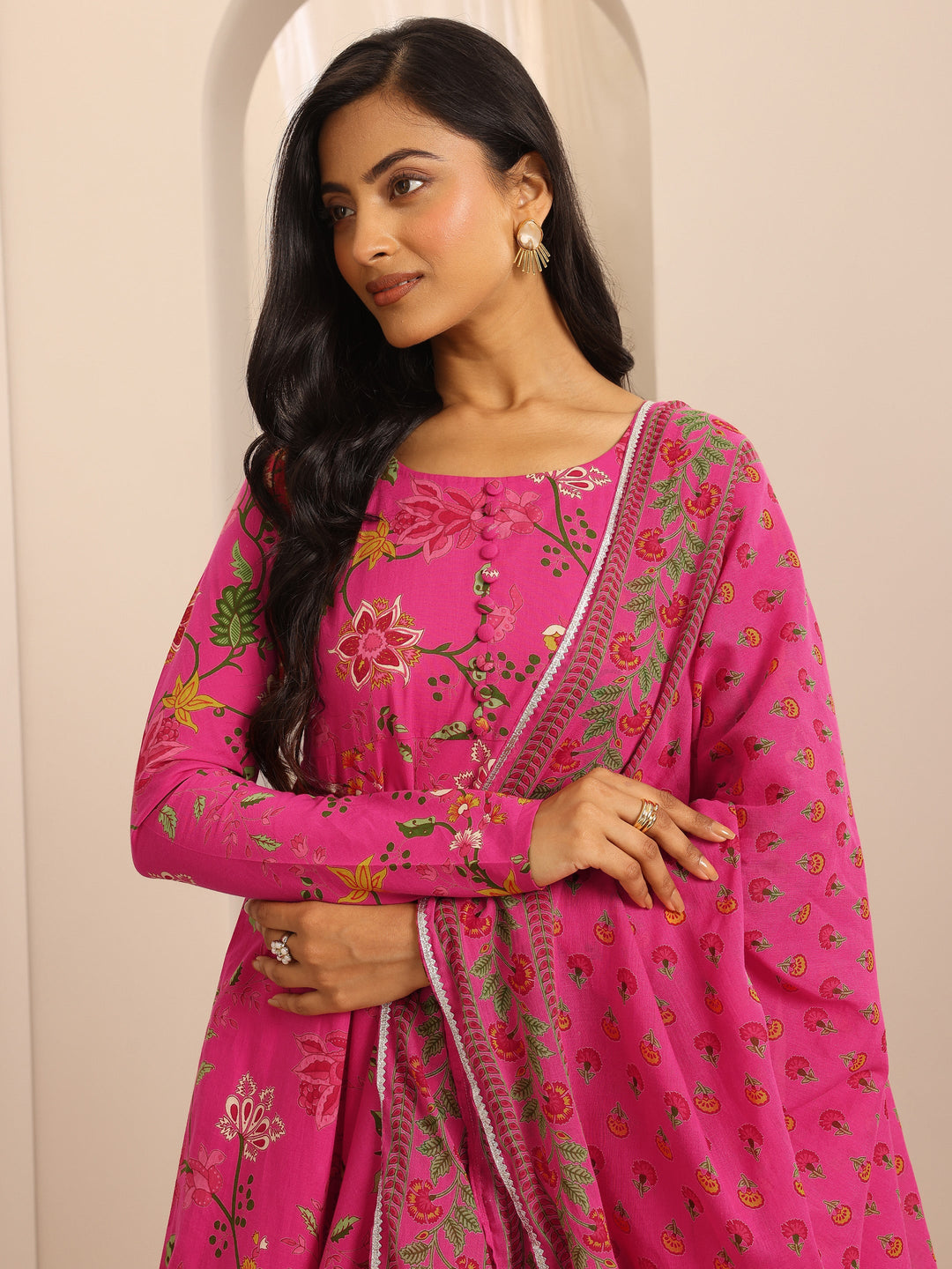 Pink Printed Cotton Blend Anarkali Suit Set With Dupatta