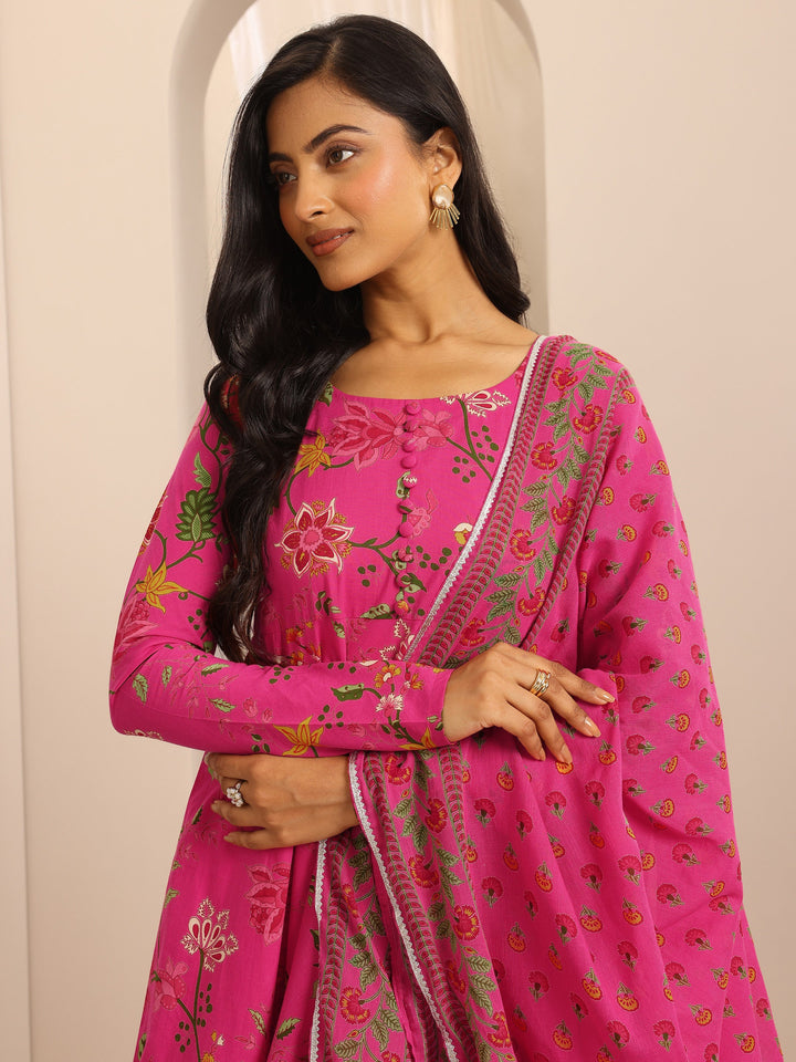 Pink Printed Cotton Blend Anarkali Suit Set With Dupatta