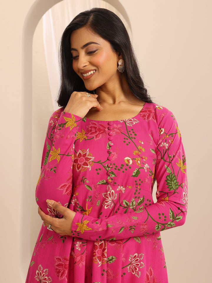 Pink Printed Cotton Blend Anarkali Suit Set With Dupatta