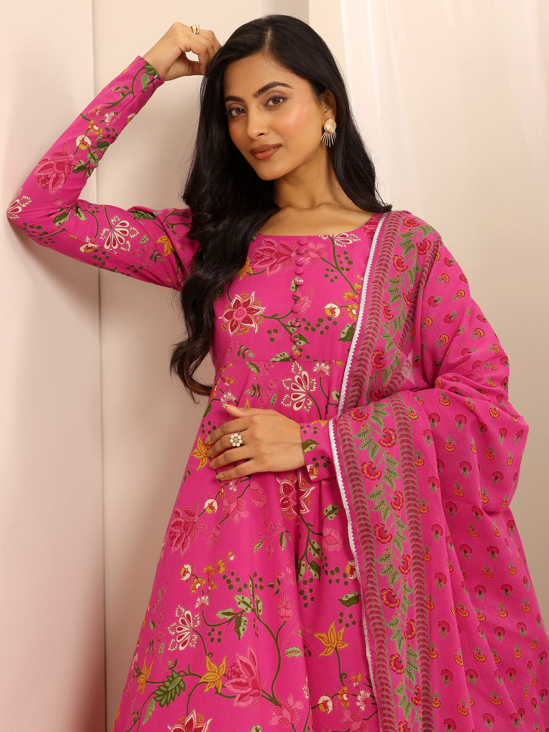 Pink Printed Cotton Blend Anarkali Suit Set With Dupatta