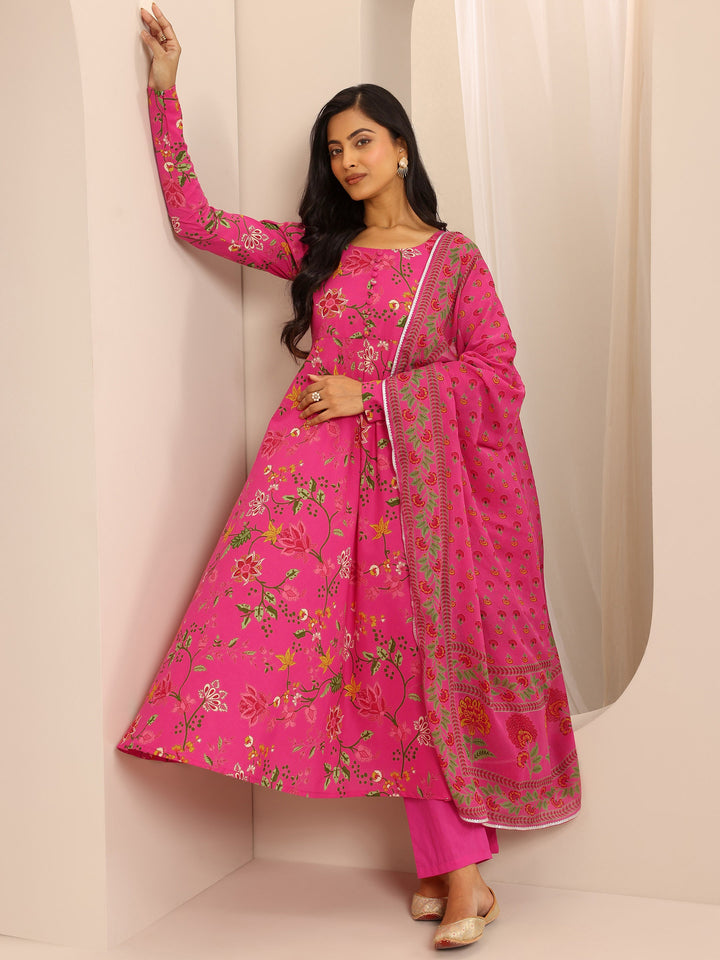 Pink Printed Cotton Blend Anarkali Suit Set With Dupatta