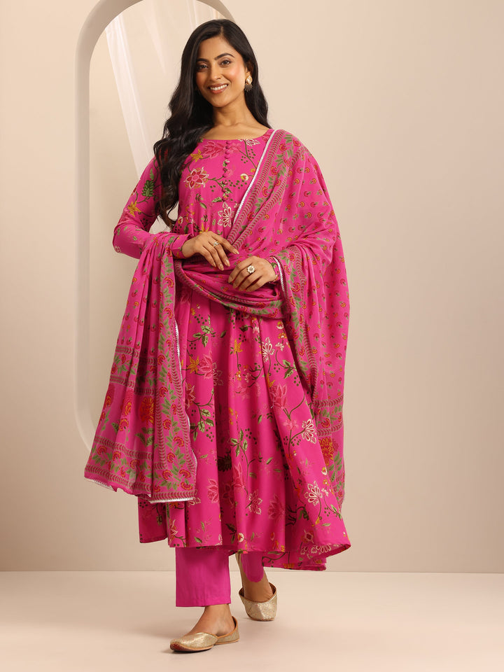 Pink Printed Cotton Blend Anarkali Suit Set With Dupatta