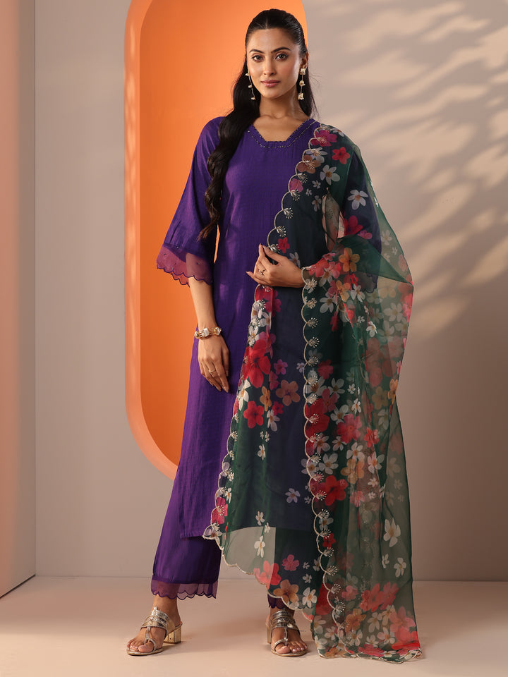 Purple Woven Design Silk Blend Straight Suit Set With Dupatta