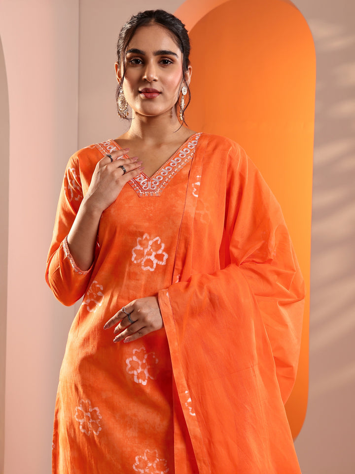 Orange Printed Cotton Straight Suit Set With Dupatta