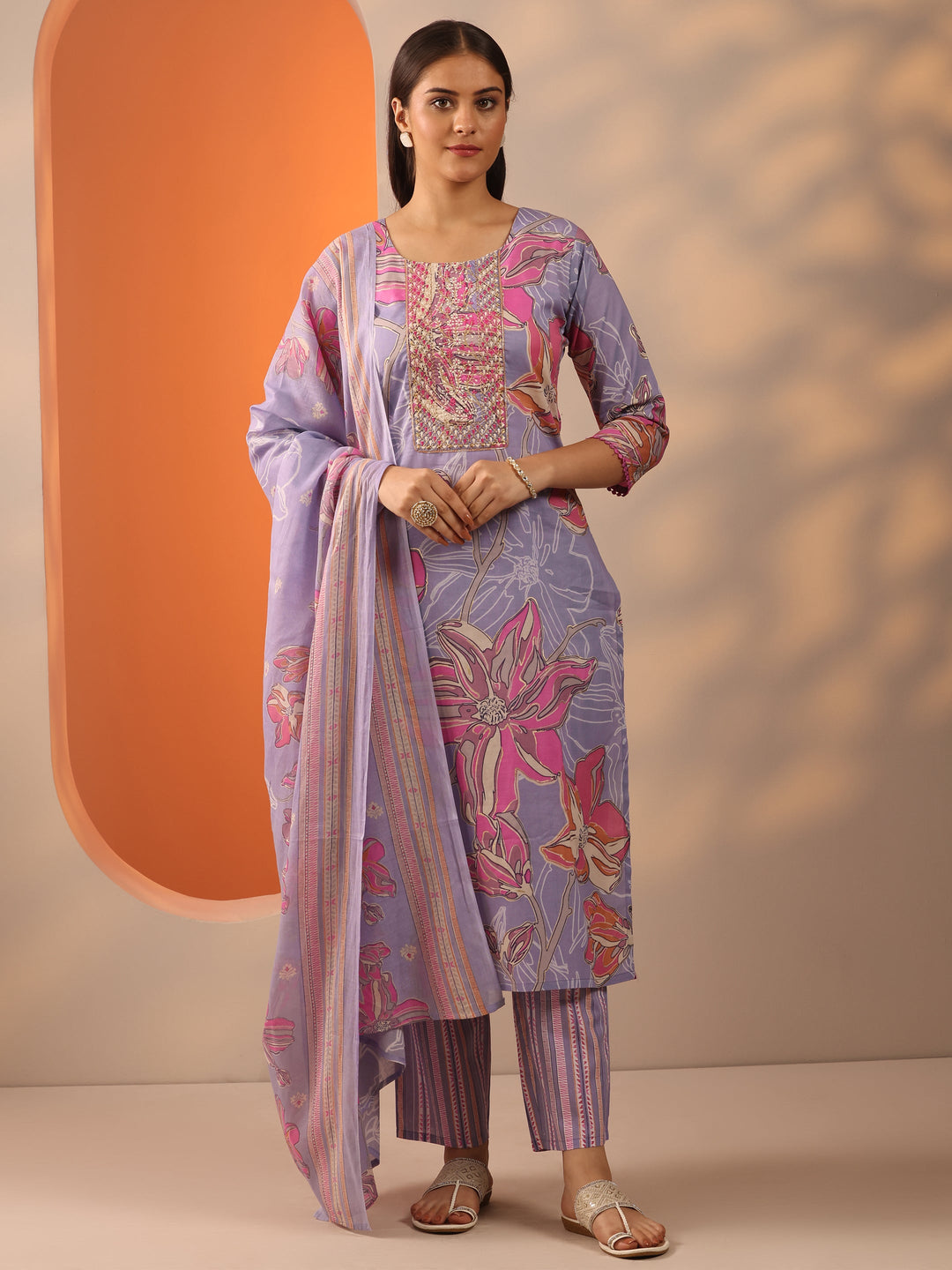 Lavender Printed Cotton Straight Suit Set With Dupatta