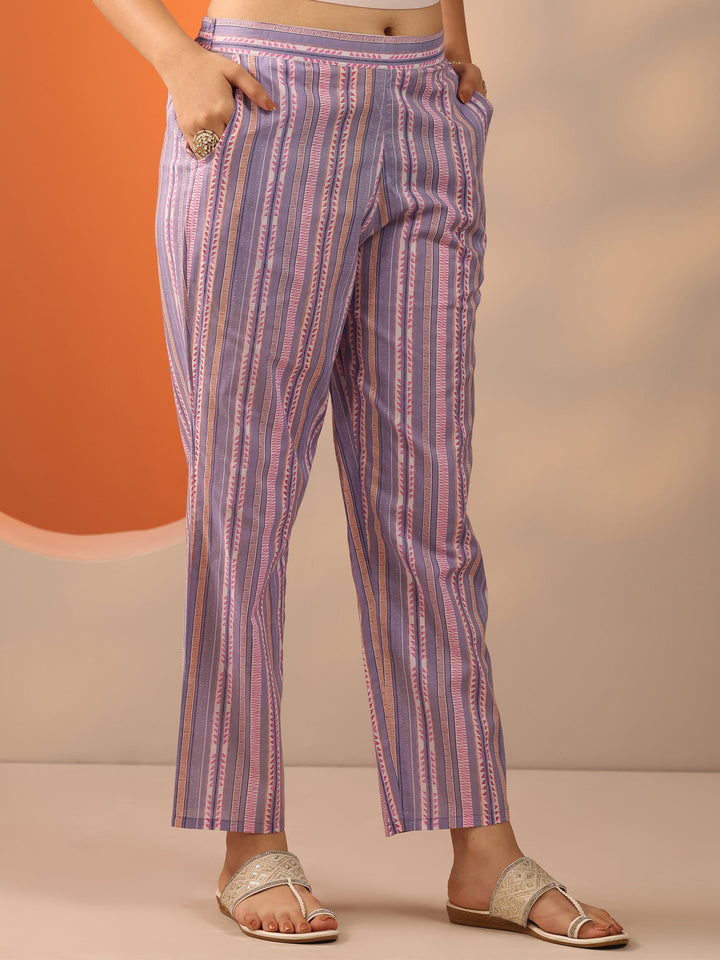 Lavender Printed Cotton Straight Suit Set With Dupatta