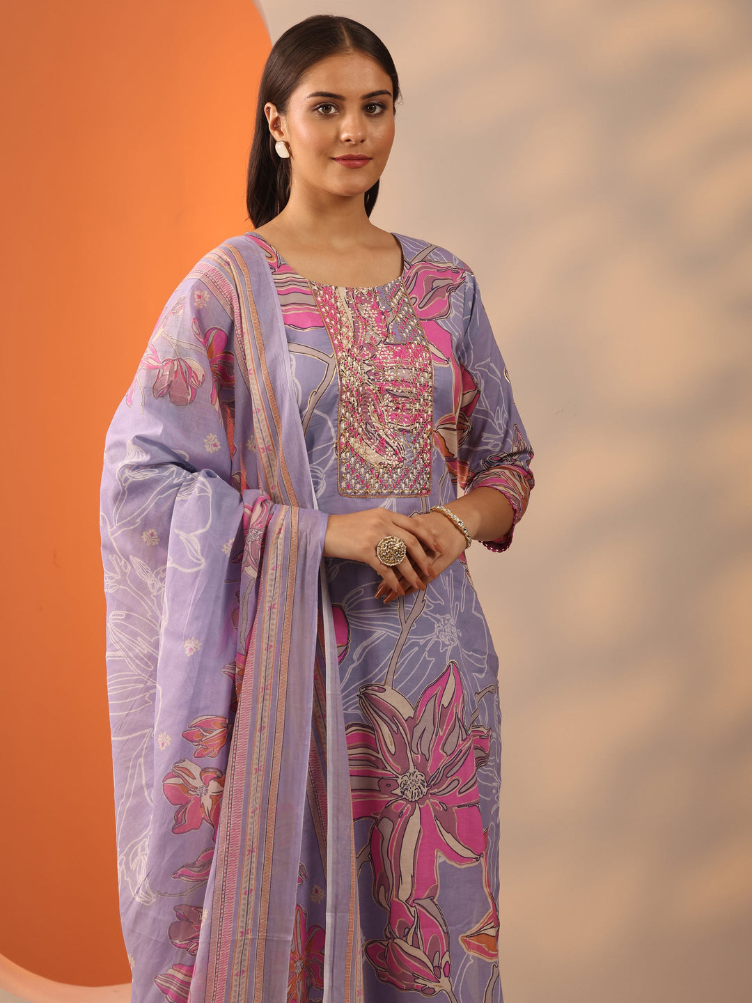 Lavender Printed Cotton Straight Suit Set With Dupatta