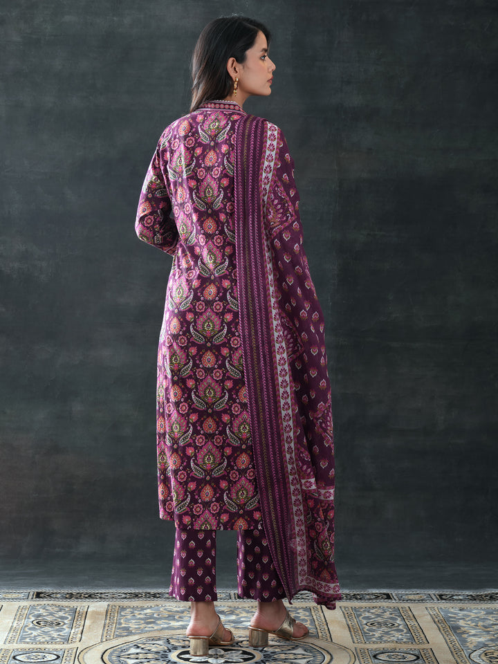 Burgundy Printed Cotton Straight Suit Set With Dupatta