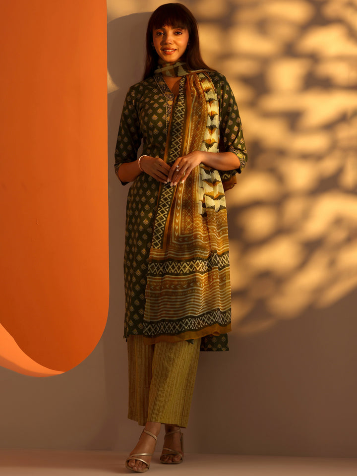 Green Printed Cotton Straight Suit Set With Dupatta