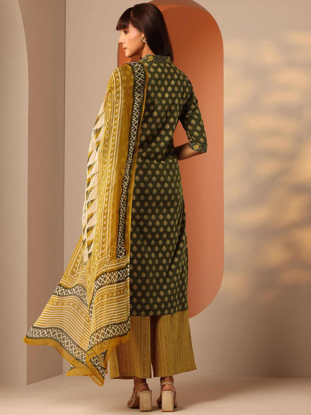 Green Printed Cotton Straight Suit Set With Dupatta