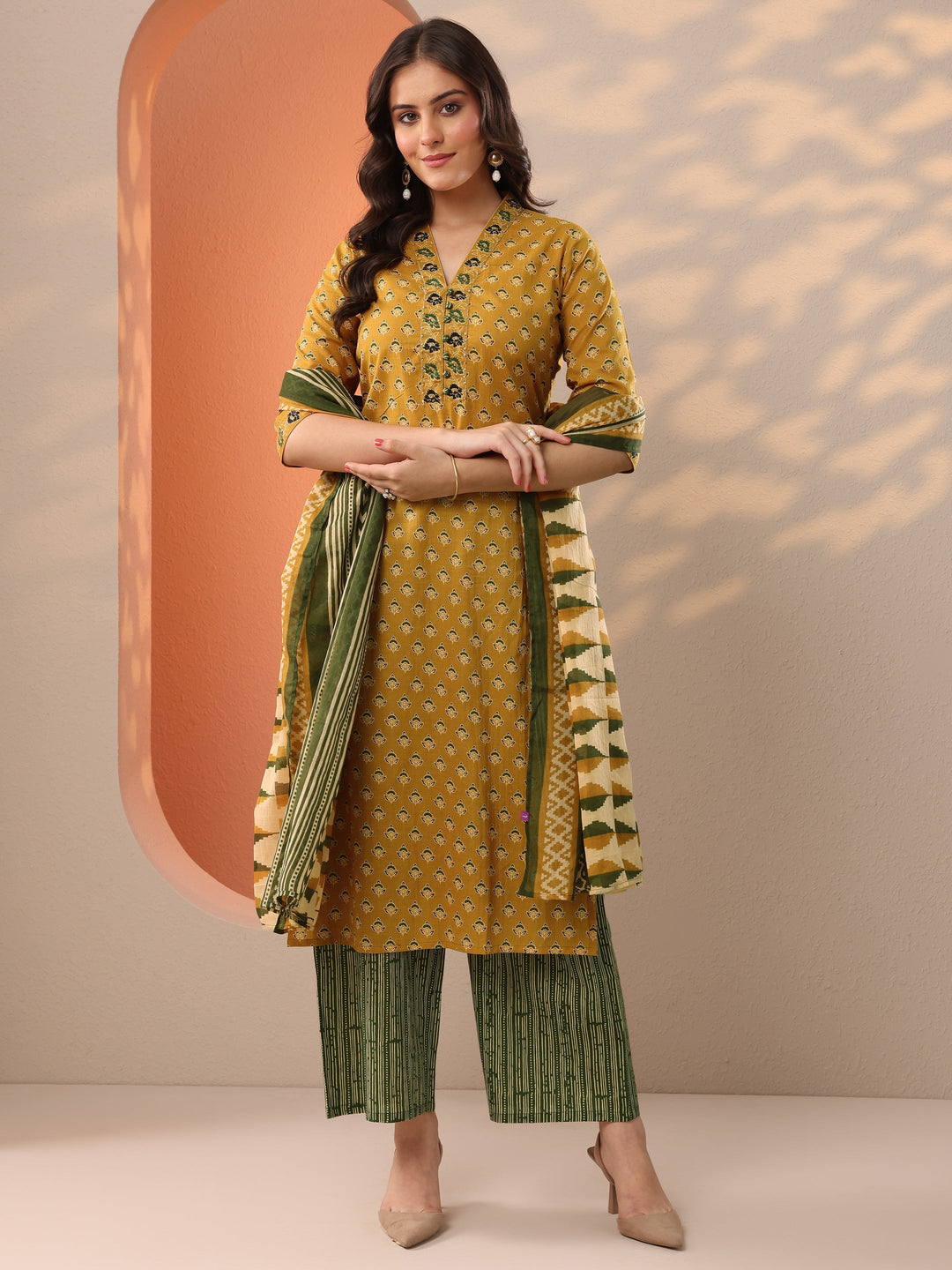 Mustard Printed Cotton Straight Suit Set With Dupatta