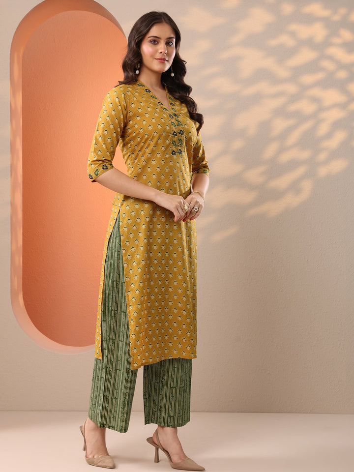 Mustard Printed Cotton Straight Suit Set With Dupatta