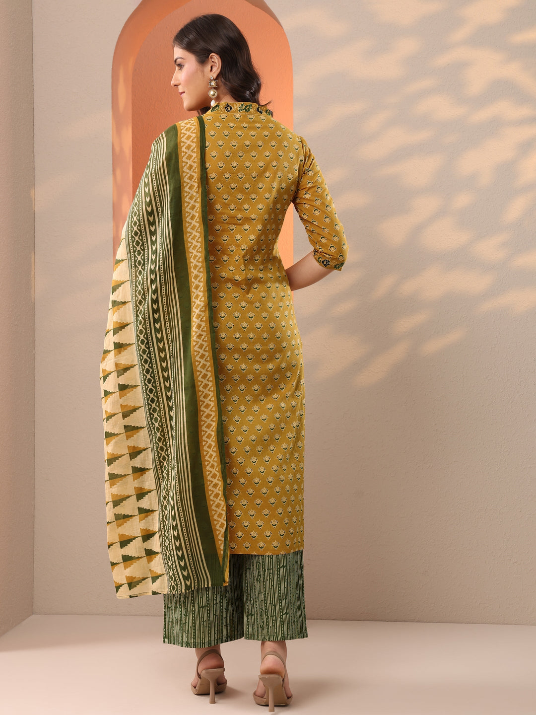 Mustard Printed Cotton Straight Suit Set With Dupatta