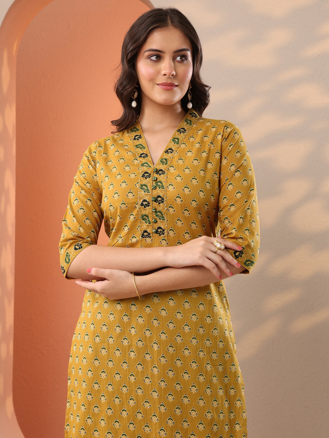 Mustard Printed Cotton Straight Suit Set With Dupatta