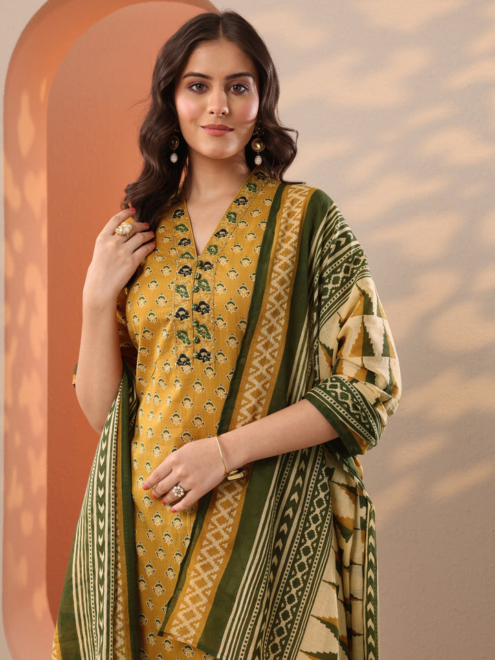 Mustard Printed Cotton Straight Suit Set With Dupatta