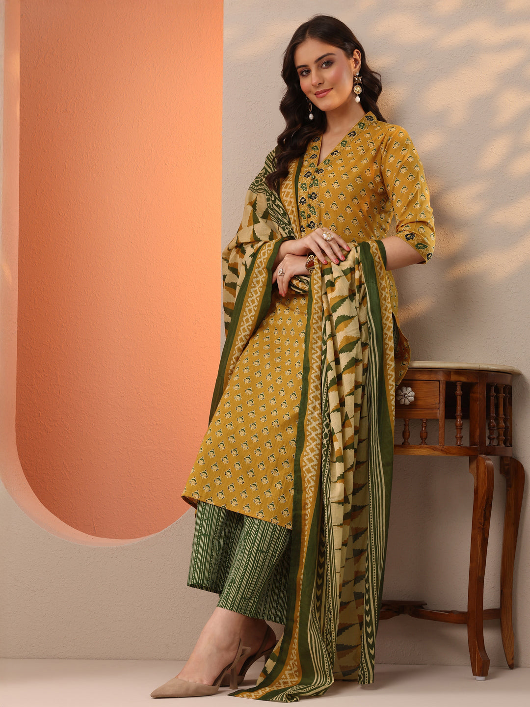 Mustard Printed Cotton Straight Suit Set With Dupatta