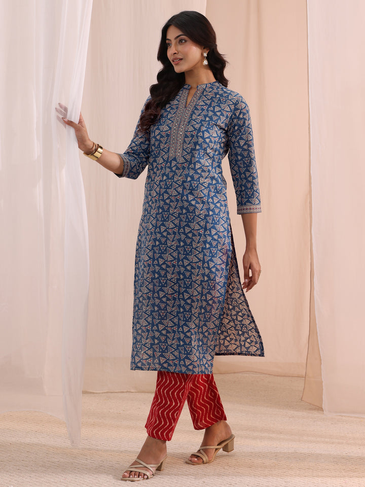 Blue Printed Cotton Straight Suit Set With Dupatta