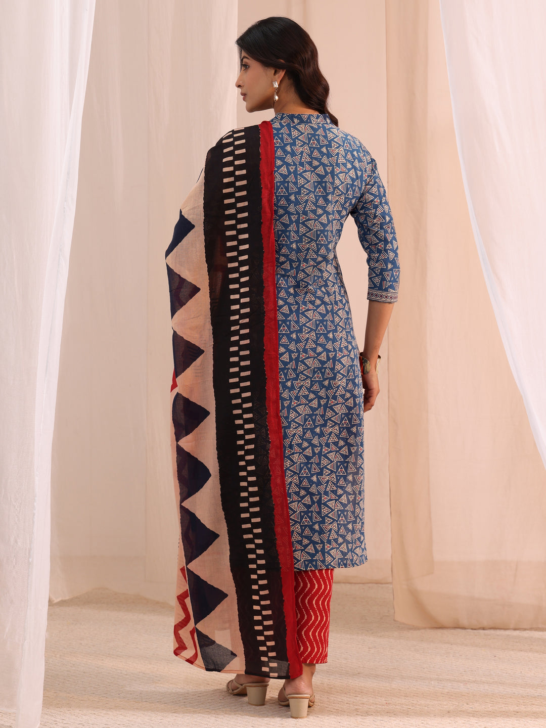 Blue Printed Cotton Straight Suit Set With Dupatta