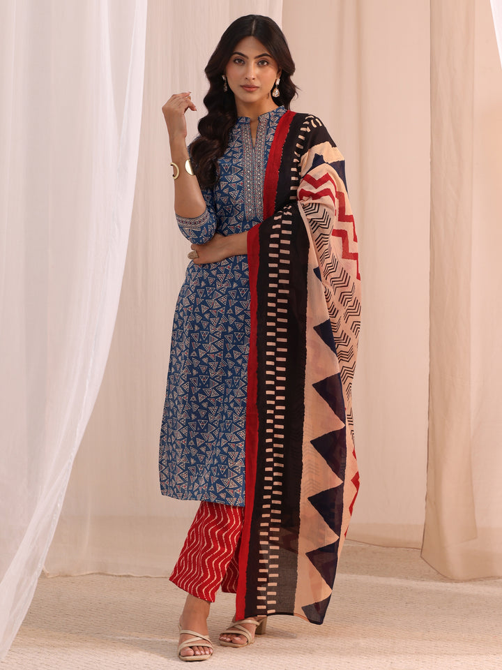 Blue Printed Cotton Straight Suit Set With Dupatta