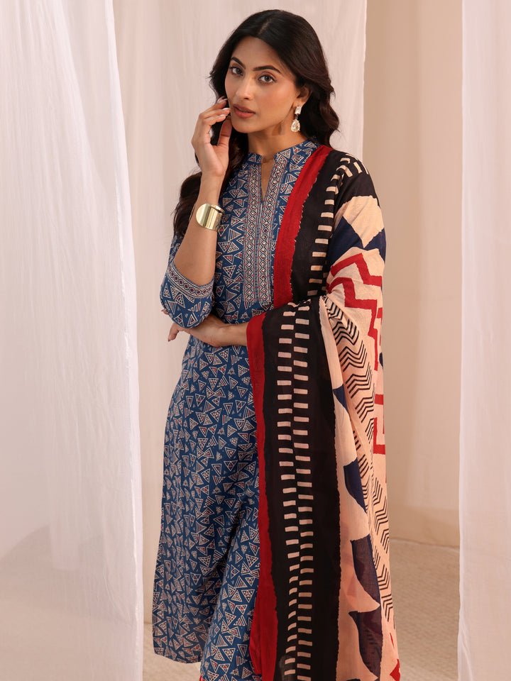 Blue Printed Cotton Straight Suit Set With Dupatta