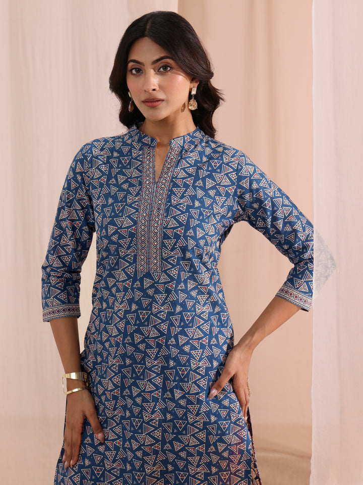 Blue Printed Cotton Straight Suit Set With Dupatta