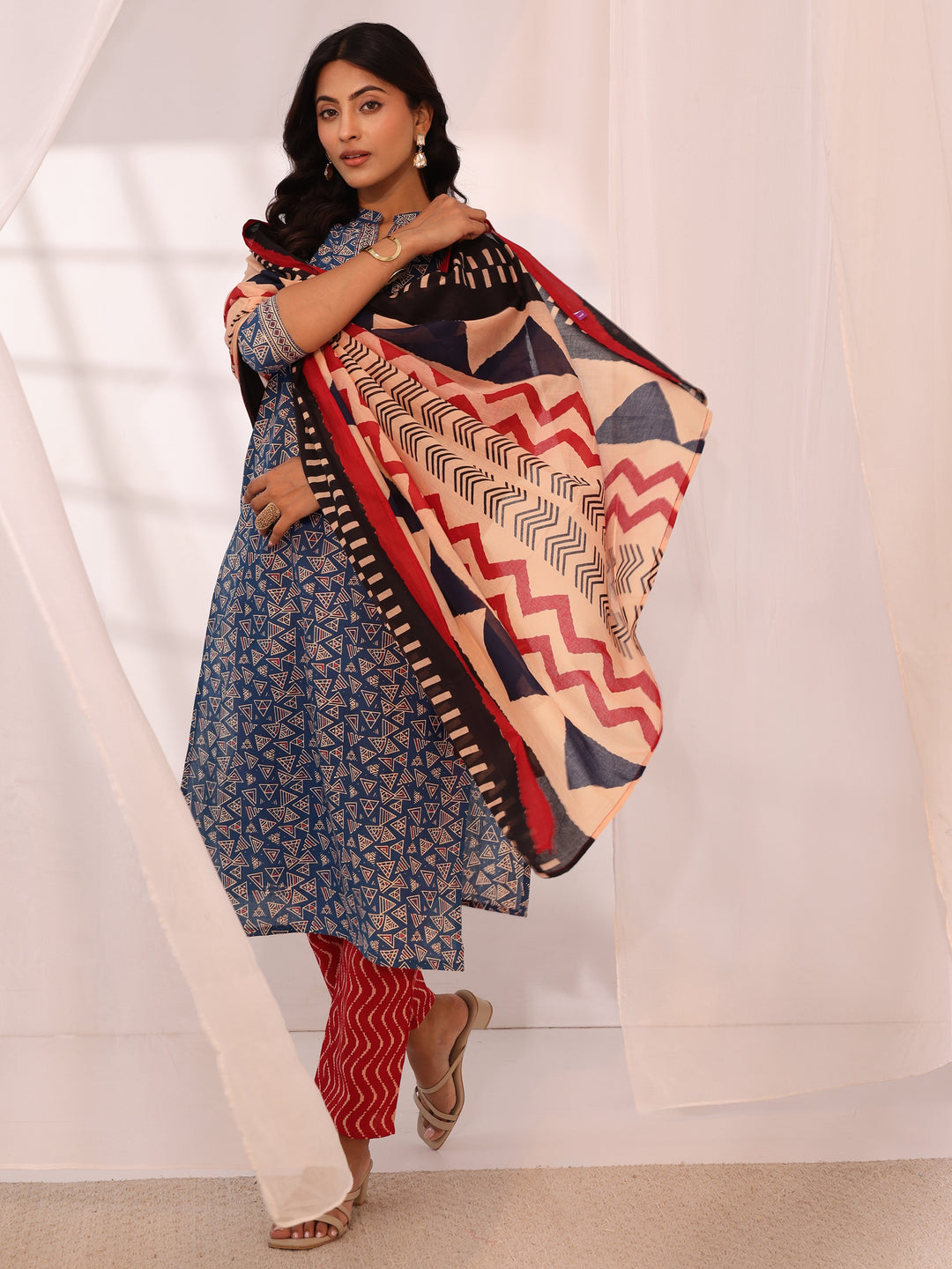 Blue Printed Cotton Straight Suit Set With Dupatta