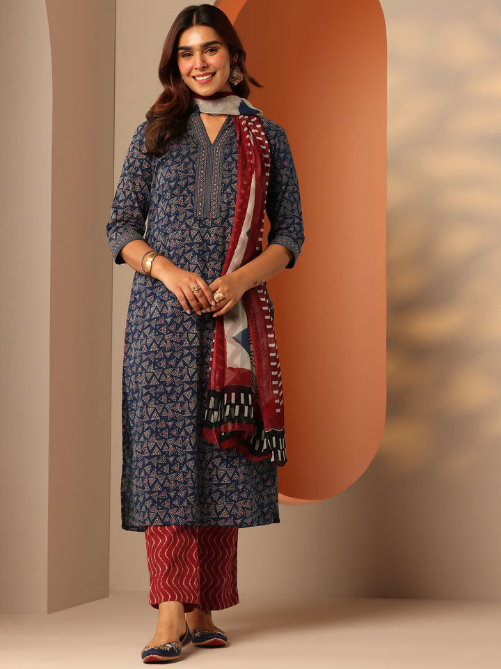 Blue Printed Cotton Straight Suit Set With Dupatta