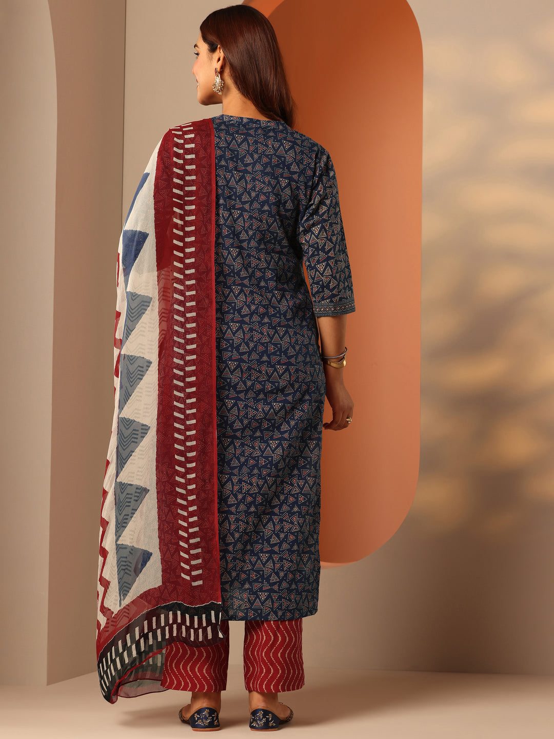 Blue Printed Cotton Straight Suit Set With Dupatta