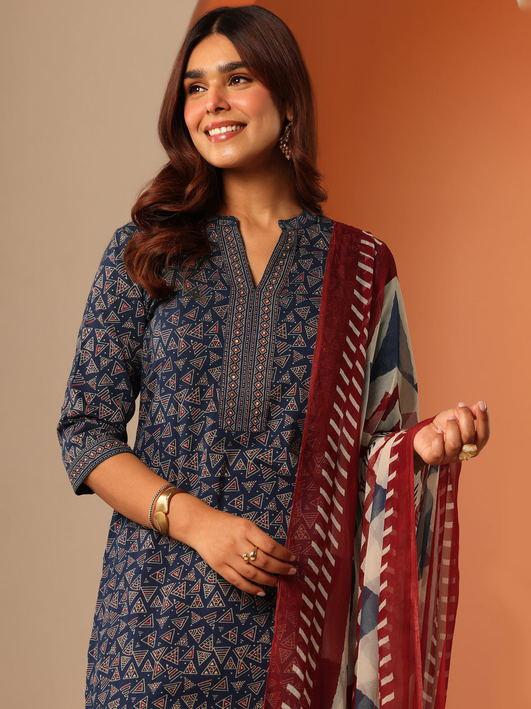 Blue Printed Cotton Straight Suit Set With Dupatta