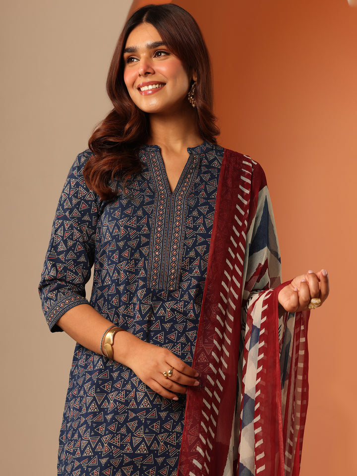 Blue Printed Cotton Straight Suit Set With Dupatta