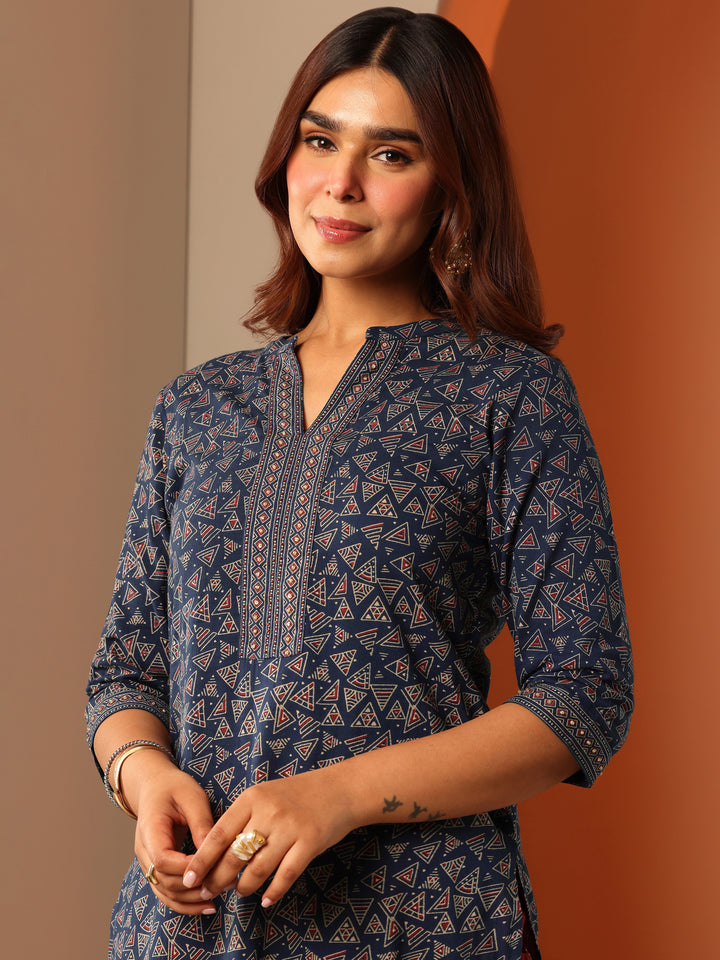 Blue Printed Cotton Straight Suit Set With Dupatta