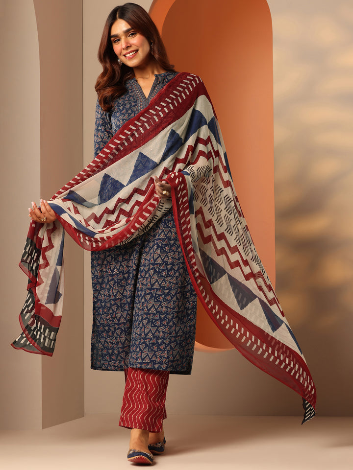 Blue Printed Cotton Straight Suit Set With Dupatta