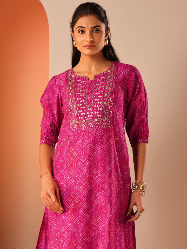 Pink Printed Silk Blend Straight Suit Set With Dupatta