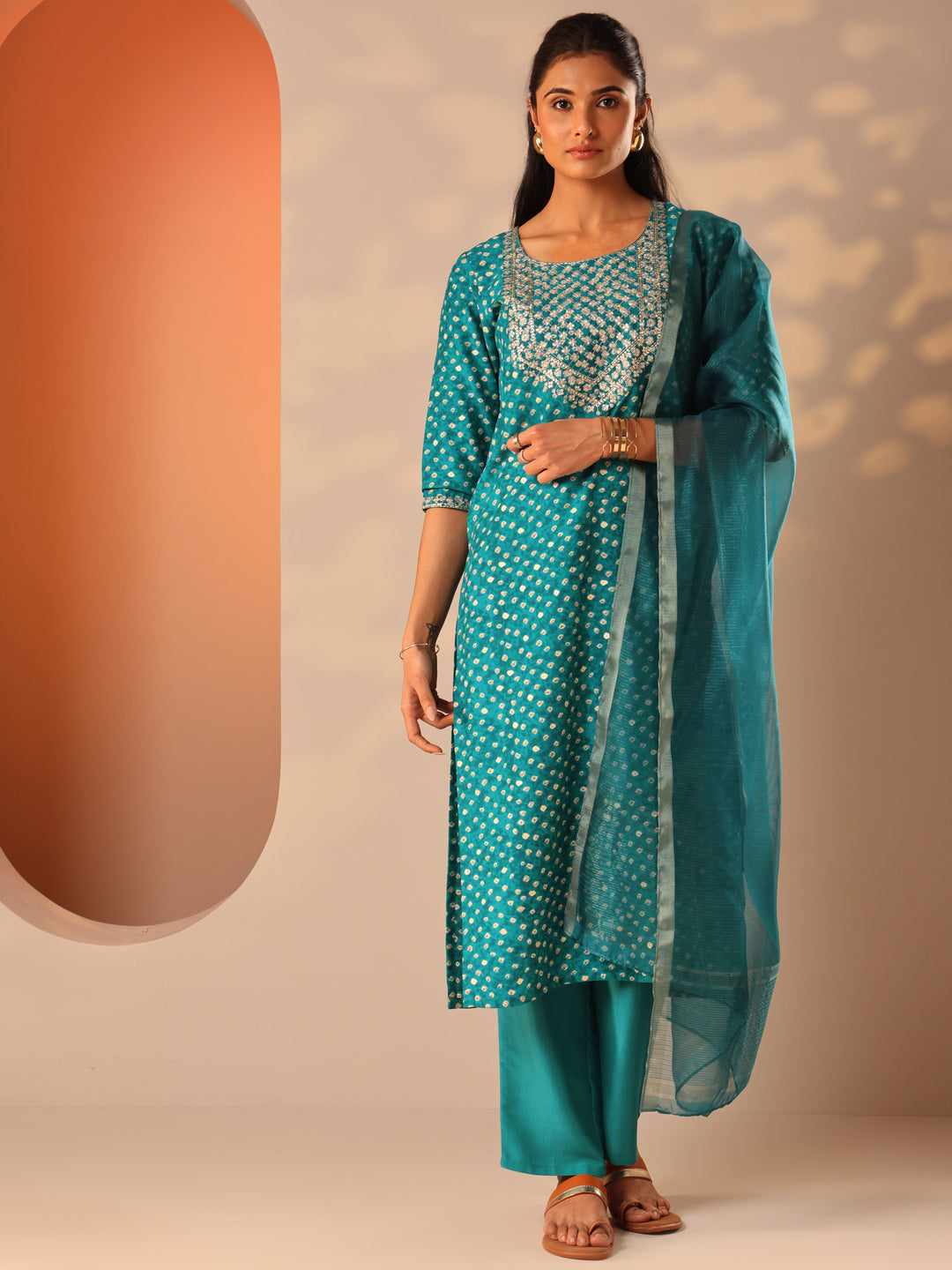 Blue Printed Silk Blend Straight Suit Set With Dupatta
